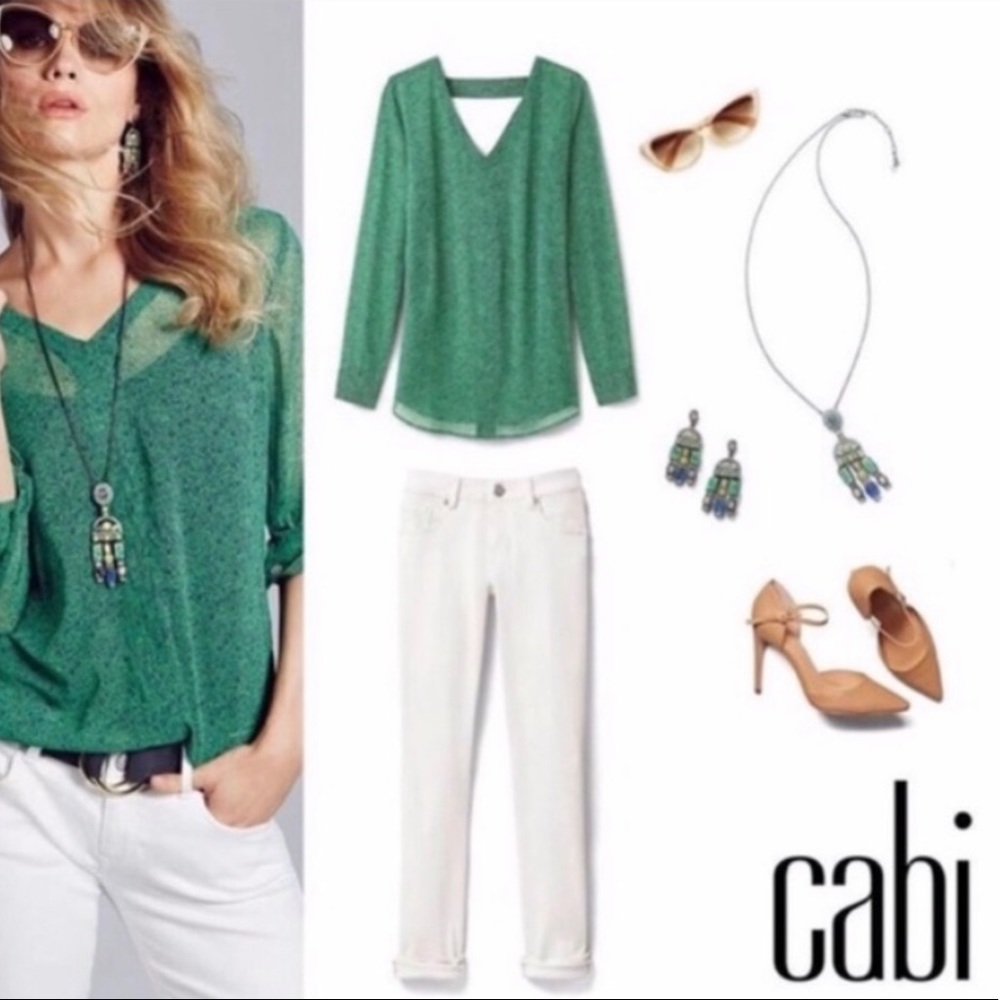 Cabi Green & Navy Bountiful Blouse